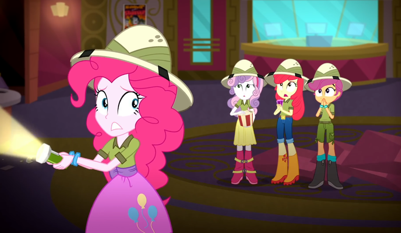 Size: 2253x1306 | Tagged: safe, derpibooru import, screencap, apple bloom, pinkie pie, scootaloo, sweetie belle, eqg summertime shorts, equestria girls, the canterlot movie club, 2010s, 2017, boots, bracelet, clothes, covering mouth, cutie mark crusaders, food, hand on mouth, hat, jeans, jewelry, lantern, looking back, looking up, pants, popcorn, shirt, shoes, shorts, skirt, theater, ticket, tickets