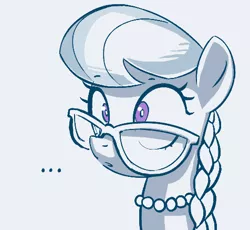 Size: 476x437 | Tagged: safe, artist:pestil, derpibooru import, silver spoon, earth pony, pony, ..., braid, bust, confused, explicit source, female, filly, glasses, jewelry, monochrome, necklace, pearl necklace, portrait, simple background, solo, white background