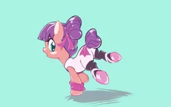 Size: 2420x1512 | Tagged: safe, artist:pestil, derpibooru import, strawberry swing, earth pony, pony, on your marks, background pony, butt, clothes, explicit source, female, filly, plot, simple background, solo