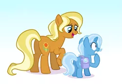 Size: 1095x760 | Tagged: safe, artist:doodledaydreamer, artist:doodledaydreamer-mlp, derpibooru import, idw, sunflower spectacle, trixie, earth pony, pony, unicorn, spoiler:comic40, bag, cute, diatrixes, duo, female, filly, filly trixie, gradient background, idw showified, mare, mother and child, mother and daughter, nervous, race swap, raised hoof, saddle bag, show accurate, simple background, white background, younger