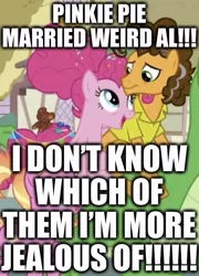 Size: 479x664 | Tagged: safe, derpibooru import, edit, edited screencap, screencap, cheese sandwich, gummy, luster dawn, pinkie pie, the last problem, caption, cheesepie, cropped, duo focus, excessive exclamation marks, female, image macro, male, marriage, older, older cheese sandwich, older gummy, older pinkie pie, shipping, straight, text, weird al yankovic