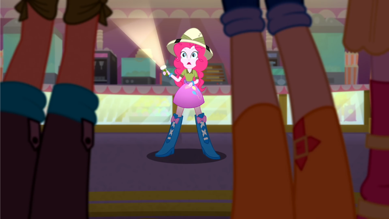 Size: 2647x1490 | Tagged: safe, derpibooru import, screencap, apple bloom, pinkie pie, scootaloo, sweetie belle, eqg summertime shorts, equestria girls, the canterlot movie club, boots, clothes, cutie mark crusaders, hat, jeans, lantern, looking at someone, pants, shirt, shoes, shorts, skirt, theater