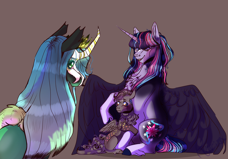 Size: 2550x1778 | Tagged: safe, artist:kiwigoat-art, derpibooru import, queen chrysalis, oc, oc:paradox, alicorn, changeling, draconequus, hybrid, pony, chest fluff, draconequus oc, female, interspecies offspring, mare, mother and child, offspring, parent:discord, parent:twilight sparkle, parents:discolight, redesign, simple background, solo, unshorn fetlocks