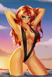 Size: 2024x2970 | Tagged: suggestive, artist:anxiety-chan, derpibooru import, sunset shimmer, equestria girls, armpits, beautiful, bedroom eyes, bikini, bikini babe, blushing, breasts, busty sunset shimmer, clothes, female, looking at you, ocean, sexy, sling bikini, smiling, solo, solo female, stupid sexy sunset shimmer, sunset, swimsuit, thighs, underass, wet