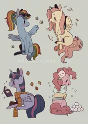 Size: 2048x2897 | Tagged: safe, artist:jademoona, derpibooru import, fluttershy, pinkie pie, rainbow dash, twilight sparkle, twilight sparkle (alicorn), alicorn, bee, earth pony, insect, pegasus, pony, alternate hairstyle, autumn, book, clothes, earmuffs, female, flower, flower in hair, flower in tail, glasses, high res, leaf, mare, ponytail, profile, prone, scarf, scrunchie, seasons, sitting, snow, snowball, spring, summer, sunglasses, winter