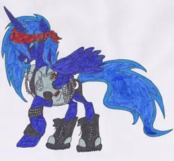 Size: 750x694 | Tagged: safe, artist:electric spark, derpibooru import, princess luna, alicorn, pony, cute, eyes closed, female, grin, heavy metal, lunabetes, mare, metalcore, metalhead, one hoof raised, simple background, smiling, solo, traditional art, white background