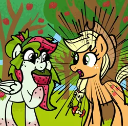 Size: 1536x1517 | Tagged: safe, artist:sjart117, derpibooru import, applejack, oc, oc:watermelana, earth pony, pegasus, pony, apple, apple core, apple tree, applejack's hat, cowboy hat, female, food, freckles, gasp, gradient hooves, grass, hat, mare, mouth hold, orchard, seeds, tree, watermelon