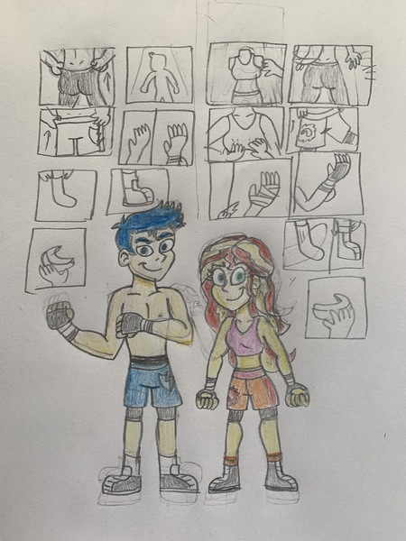 Size: 3024x4032 | Tagged: safe, artist:13mcjunkinm, derpibooru import, flash sentry, sunset shimmer, equestria girls, 2020, 2020s, bandage, boots, boxing boots, boxing bra, boxing shoes, boxing shorts, boxing trunks, clothes, colored, confident, cycling shorts, exeron fighters, exeron gloves, exeron outfit, fashion montage, female, fingerless gloves, flashimmer, gloves, gym shorts, handwraps, male, martial arts, martial arts kids, martial arts kids outfits, mma gloves, mouth guard, mouthguard, partial nudity, shipping, shoes, shorts, sketch, smiling, smiling at you, sneakers, socks, sports bra, sports shorts, straight, tanktop, tomboy, topless, traditional art, trunks, yellow skin