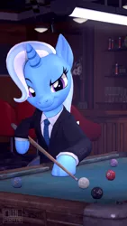 Size: 1080x1920 | Tagged: safe, artist:owlpirate, derpibooru import, trixie, unicorn, 3d, arm hooves, bipedal, clothes, dexterous hooves, female, pool cue, pool table, source filmmaker, suit, watermark