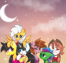 Size: 1162x1117 | Tagged: safe, artist:takiza pie, derpibooru import, oc, oc:bacon, oc:banan, oc:luminous dazzle, oc:stuben, oc:sunny clouds, oc:wafflehead, unofficial characters only, earth pony, pegasus, unicorn, :p, blushing, clothes, cowboy hat, crescent moon, group, hat, hoodie, moon, one eye closed, snuggling, stars, tongue out, wink