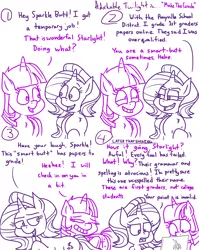 Size: 4779x6013 | Tagged: safe, artist:adorkabletwilightandfriends, derpibooru import, starlight glimmer, twilight sparkle, twilight sparkle (alicorn), alicorn, pony, unicorn, comic:adorkable twilight and friends, adorkable, adorkable twilight, comic, computer, cute, dork, education, foal, friends, friendship, fun, grading, humor, insults, joking, laptop computer, school, silly, sitting, teasing, walking