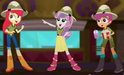 Size: 1782x1087 | Tagged: safe, derpibooru import, screencap, apple bloom, scootaloo, sweetie belle, eqg summertime shorts, equestria girls, the canterlot movie club, belt, boots, clothes, cropped, cutie mark crusaders, food, hat, jeans, looking at something, pants, pointing, popcorn, shirt, shoes, shorts, skirt, slushie, smiling, theater, ticket, tickets