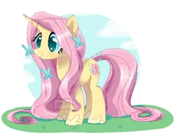 Size: 570x449 | Tagged: safe, artist:keihu, derpibooru import, fluttershy, butterfly, pony, unicorn, leak, spoiler:g5, female, fluttershy (g5), g5, long hair, mare, pixel art, simple background, smiling, solo, standing, transparent background, unicorn fluttershy, watermark