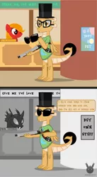 Size: 1385x2524 | Tagged: safe, artist:wheatley r.h., derpibooru import, kevin (changeling), oc, oc:myoozik the dragon, changeling, dragon, earth pony, pony, 2 panel comic, bank, black and white, clothes, comic, cutie mark, cutie mark on clothes, dragon oc, female, food, glasses, grayscale, gun, hat, male, mane, mare, monochrome, movie reference, pepper, poster, red eyes, salt, shotgun, speech bubble, sunglasses, they live, top hat, watermark, weapon