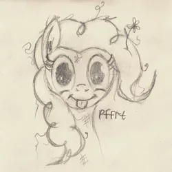 Size: 1035x1035 | Tagged: safe, artist:hotkinkajou, derpibooru import, pinkie pie, pony, bust, dirty, looking at you, messy mane, onomatopoeia, pencil drawing, raspberry, raspberry noise, simple background, solo, tongue out, traditional art