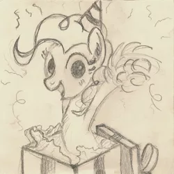 Size: 1062x1062 | Tagged: safe, artist:hotkinkajou, derpibooru import, pinkie pie, pony, box, confetti, hat, looking at you, party hat, pencil drawing, pom pom, pony in a box, present, simple background, solo, traditional art