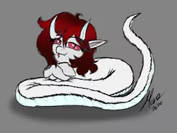 Size: 4000x3000 | Tagged: safe, artist:move, derpibooru import, oc, oc:chebi, lamia, original species, pony, snake, snake pony, crossed hooves, crystal eyes, elf ears, female, floof snek, fluffy, horns, leaning, red mane, rough lineart, sketch, smug, solo, tongue out, white fur