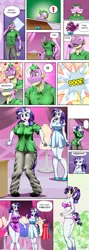 Size: 600x1678 | Tagged: anthro, artist:pia-sama, bedroom eyes, blushing, breasts, character to character, clothes, comic, commission, derpibooru import, dress, duo, embarrassed, erect nipples, lidded eyes, looking back, looking over shoulder, nipple outline, rarity, speech bubble, spike, suggestive, transformation, transgender transformation, twinning