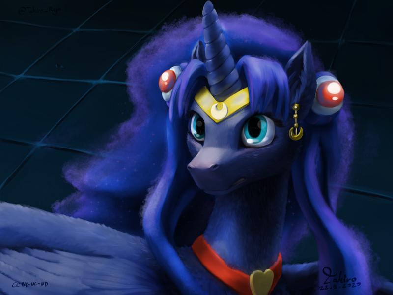 Size: 2362x1771 | Tagged: safe, artist:takiroryo, derpibooru import, princess luna, alicorn, pony, crossover, cute, ear piercing, earring, female, high res, jewelry, lunabetes, mare, piercing, sailor luna, sailor moon, sailor moon redraw meme, serena tsukino, solo, tsukino usagi