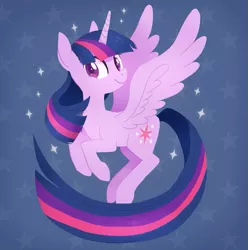Size: 591x595 | Tagged: safe, artist:tsurime, derpibooru import, twilight sparkle, twilight sparkle (alicorn), alicorn, pony, blue background, cute, female, flying, long tail, mare, simple background, smiling, solo, spread wings, starry eyes, stars, twiabetes, wingding eyes, wings
