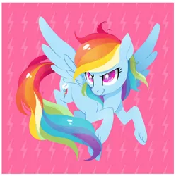 Size: 409x411 | Tagged: safe, artist:tsurime, derpibooru import, rainbow dash, pegasus, pony, cutie mark eyes, female, flying, mare, pink background, simple background, smiling, solo, spread wings, unshorn fetlocks, wingding eyes, wings