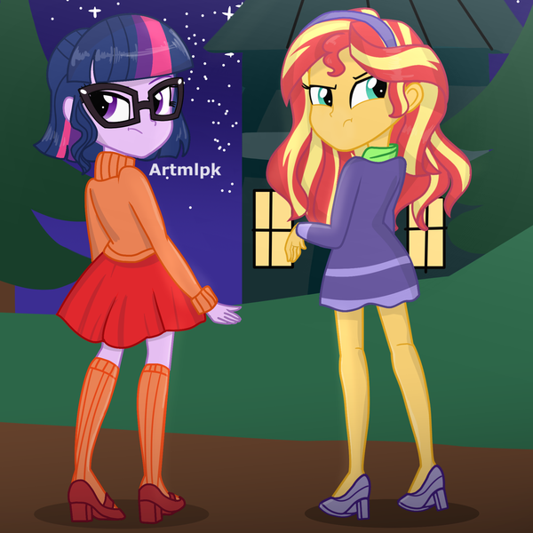 Size: 2000x2000 | Tagged: safe, artist:artmlpk, derpibooru import, sci-twi, sunset shimmer, twilight sparkle, equestria girls, adorkable, alternate hairstyle, beautiful, clothes, cosplay, costume, cute, daphne blake, digital art, dork, duo, female, house, looking back, night, scooby doo, shimmerbetes, short hair, socks, tree, twiabetes, velma dinkley