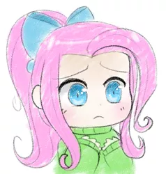 Size: 771x809 | Tagged: alternate hairstyle, artist:pegacornss, bow, bust, clothes, cute, derpibooru import, female, fluttershy, hair bow, human, humanized, ponytail, safe, shyabetes, simple background, solo, sweater, sweatershy, white background