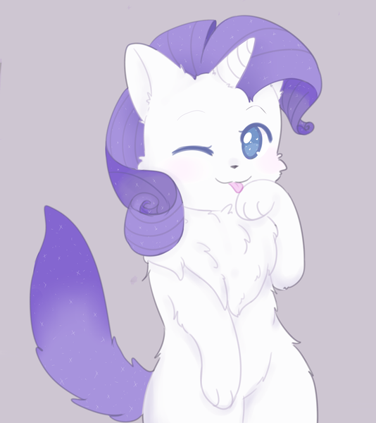 Size: 1280x1438 | Tagged: safe, artist:pegacornss, derpibooru import, rarity, cat, cat pony, original species, unicorn, ;p, bipedal, catified, chest fluff, cute, female, fluffy, licking, no pupils, one eye closed, paw licking, purple background, raribetes, raricat, simple background, solo, species swap, tongue out, wink