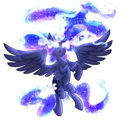 Size: 1280x1280 | Tagged: safe, artist:lunamnoctem, derpibooru import, princess luna, alicorn, pony, ethereal mane, female, galaxy mane, glowing eyes, mare, open mouth, simple background, solo, spread wings, starry mane, transparent background, wings