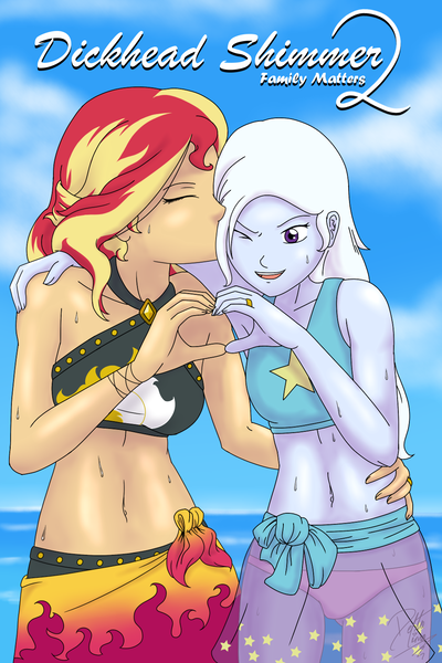 Size: 1000x1500 | Tagged: questionable, artist:deltalima, derpibooru import, sunset shimmer, trixie, comic:dickhead shimmer 2, equestria girls, belly button, breasts, clothes, eyes closed, female, heart hands, kiss on the cheek, kissing, lesbian, one eye closed, shipping, suntrix, swimsuit