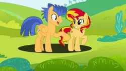 Size: 1024x576 | Tagged: safe, artist:thunderlime374, derpibooru import, flash sentry, sunset shimmer, female, flashimmer, male, shipping, straight