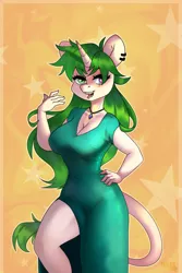 Size: 2000x3000 | Tagged: safe, artist:sugarstar, derpibooru import, oc, oc:sugarstar, unofficial characters only, anthro, unicorn, bedroom eyes, big breasts, breasts, clothes, curvy, dress, ear piercing, earring, fangs, female, hand on hip, heterochromia, horn, jewelry, leonine tail, looking at you, mare, necklace, one leg raised, open mouth, piercing, rcf community, simple background, smiling, solo, standing