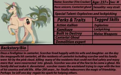 Size: 3209x2000 | Tagged: safe, derpibooru import, oc, oc:scorcher, unofficial characters only, ghoul, undead, unicorn, fallout equestria, bio, canterlot ghoul, foe, male, raised hoof, reference sheet, scar, shadow, solo, stallion