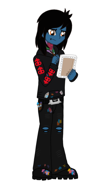 Size: 1440x2560 | Tagged: safe, artist:iamsheila, derpibooru import, ponified:oliver sykes, equestria girls, belt, boots, bring me the horizon, canvas, clothes, commission, drop dead clothing, equestria girls-ified, holding, hoodie, jeans, lip piercing, looking down, male, paint, paint stains, paintbrush, painting, pants, piercing, ripped jeans, seatbelt belt, shoes, simple background, solo, tattoo, transparent background