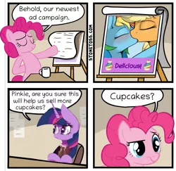 Size: 1029x1000 | Tagged: dead source, safe, artist:anonymous, artist:atnezau, artist:ratofdrawn, artist:spellboundcanvas, derpibooru import, applejack, pinkie pie, rainbow dash, twilight sparkle, appledash, comic, cupcake, female, food, lesbian, rainbow cupcake, shipping, stonetoss