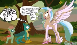 Size: 1347x787 | Tagged: suggestive, artist:cosmonaut, derpibooru import, gallus, ocellus, silverstream, changedling, changeling, classical hippogriff, gryphon, hippogriff, pony, /mlp/, age difference, bully, bullying, female, gallstream, giant pony, growth spurt, imminent snu snu, macro, male, older, older silverstream, shipping, size difference, straight