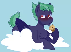 Size: 1280x936 | Tagged: safe, artist:cubbybatdoodles, derpibooru import, oc, oc:wind biter, unofficial characters only, pegasus, pony, alternate universe, blushing, cloud, eating, food, laying on cloud, laying on stomach, lying down, lying on a cloud, male, muffin, offspring, on a cloud, parent:derpy hooves, parent:ditzy doo, parent:doctor whooves, parent:time turner, parents:doctorderpy, prone, short mane, short tail, solo