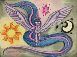 Size: 1280x948 | Tagged: safe, artist:sparkleforever, derpibooru import, twilight sparkle, twilight sparkle (alicorn), alicorn, pony, crown, cutie mark, cutie mark background, ethereal mane, glowing eyes, horn, jewelry, long mane, long tail, moon, painting, regalia, spread wings, stars, sun, wings