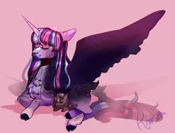 Size: 2103x1600 | Tagged: safe, artist:kiwigoat-art, derpibooru import, twilight sparkle, twilight sparkle (alicorn), oc, oc:paradox, alicorn, draconequus, hybrid, pony, chest fluff, eyes closed, female, interspecies offspring, lying down, male, mare, mother and child, mother and son, offspring, parent:discord, parent:twilight sparkle, parents:discolight, redesign, spread wings, wings