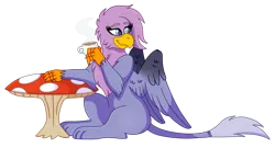 Size: 1216x657 | Tagged: safe, artist:acuteapoot, derpibooru import, oc, oc:lady fialova, unofficial characters only, gryphon, food, griffon oc, mushroom table, simple background, sitting, solo, tea, transparent background