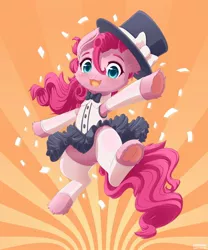 Size: 1600x1920 | Tagged: safe, artist:symbianl, derpibooru import, pinkie pie, earth pony, pony, blushing, cheek fluff, clothes, cute, diapinkes, ear fluff, female, frog (hoof), hat, leg fluff, mare, open mouth, solo, top hat, underhoof