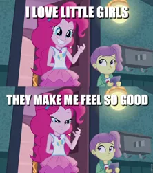Size: 853x960 | Tagged: safe, derpibooru import, edit, edited screencap, screencap, lily pad (equestria girls), pinkie pie, equestria girls, equestria girls series, pinkie sitting, caption, creepy, creepy pie, creepy smile, female, image, image macro, implied pedophilia, jpeg, lilypie, oingo boingo, smiling, song reference, text, this will end in pain