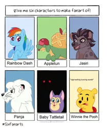 Size: 1005x1200 | Tagged: safe, artist:miss-barker, derpibooru import, rainbow dash, bear, big cat, hyena, lion, pegasus, pony, six fanarts, appletun, bust, crossover, descriptive noise, female, jasiri, male, mare, nervous, pokémon, tattletail, the lion guard, winnie the pooh