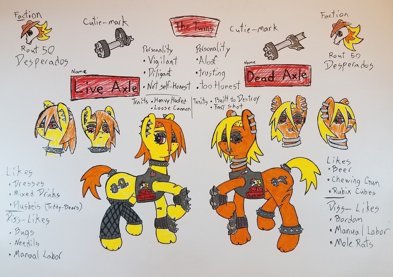 Size: 1024x721 | Tagged: safe, artist:dice-warwick, derpibooru import, earth pony, pony, fallout equestria, biker chick, biker jacket, choker, clothes, cracked hooves, ear piercing, fallout equestria: desperados, neck rings, piercing, scared, socks, spiked anklets, spiked choker, spiked tail tie, thigh highs, twins