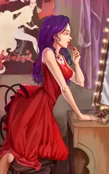 Size: 1884x3000 | Tagged: accessories, applying makeup, artist:ronna, artist:tarakanovich, breasts, chair, cleavage, clothes, curtain, derpibooru import, desk, dress, ear piercing, earring, fanfic:crimson lips, human, humanized, jewelry, lightbulb, lipstick, mirror, necklace, piercing, poster, rarity, safe, sleeveless, solo, theater, vanity