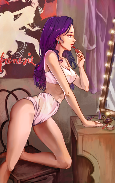 Size: 1884x3000 | Tagged: artist:ronna, artist:tarakanovich, bra, breasts, chair, clothes, curtain, derpibooru import, ear piercing, earring, human, humanized, jewelry, lipstick, makeup, mirror, old-fashioned underwear, piercing, poster, rarity, sleeveless, solo, suggestive, traditional art, underwear, vanity