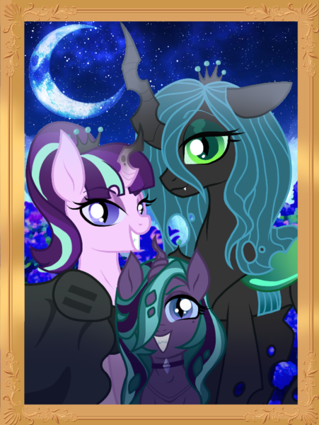 Size: 673x896 | Tagged: alternate universe, artist:unoriginai, changeling, changeling queen, crown, cute, cutealis, derpibooru import, equal sign, female, framed picture, glimmerlis, goddamnit unoriginai, hybrid, jewelry, lesbian, looking at you, magical lesbian spawn, oc, oc:nymphalidae, offspring, parent:queen chrysalis, parents:glimmerlis, parent:starlight glimmer, queen chrysalis, regalia, safe, shipping, starlight glimmer, the cutie map, tiara