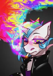 Size: 2171x3070 | Tagged: safe, artist:caesarproduction, derpibooru import, oc, oc:harmony note, unofficial characters only, pony, unicorn, black background, cigarette, clothes, colored sclera, commission, drug use, drugged, drugs, ear piercing, earring, eyeshadow, female, jacket, jewelry, leather jacket, makeup, mare, piercing, raised hoof, simple background, smok, smoking, socks, solo, striped socks, tanktop, tattoo, torn clothes, trans girl, transgender, ych result