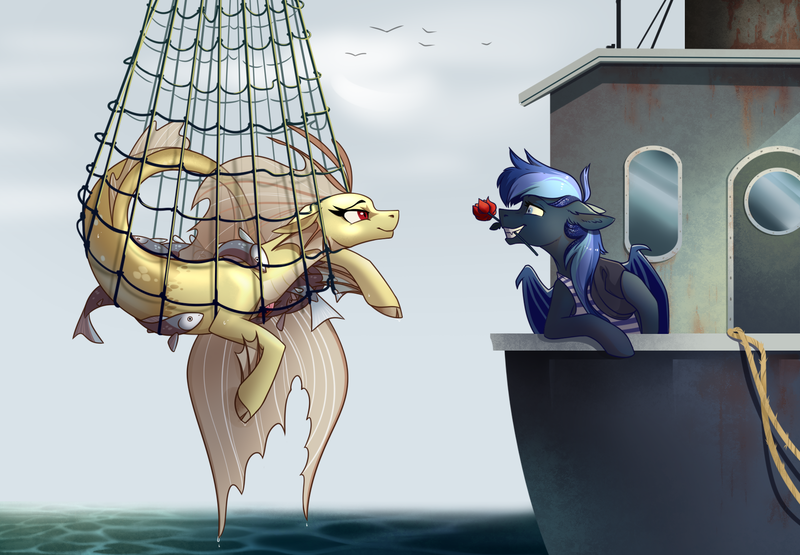 Size: 1730x1200 | Tagged: safe, alternate version, artist:28gooddays, derpibooru import, adagio dazzle, oc, oc:sonic lullaby, bat pony, bird, fish, pony, seagull, siren, bat pony oc, bat wings, bedroom eyes, boat, canon x oc, clothes, cloud, commission, female, fishing, fishing boat, fishing net, flower, flower in mouth, hat, lesbian, looking at each other, mare, mouth hold, net, ocean, rope, rose, rose in mouth, sailor, shipping, sky, sonicdazzle, tanktop, water, wet, wings, ych result