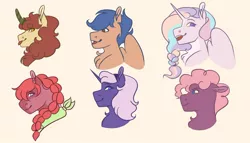 Size: 1280x733 | Tagged: safe, artist:vintage-rec, derpibooru import, oc, unofficial characters only, alicorn, earth pony, pegasus, pony, alicorn oc, bust, horn, kirin hybrid, magical lesbian spawn, offspring, parent:autumn blaze, parent:big macintosh, parent:flash sentry, parent:fluttershy, parent:pinkie pie, parent:rarity, parents:autumnshy, parents:flarity, parents:flutterflash, parents:flutterlestia, parents:fluttermac, parents:flutterpie, pegasus oc, simple background, tongue out, wings, yellow background